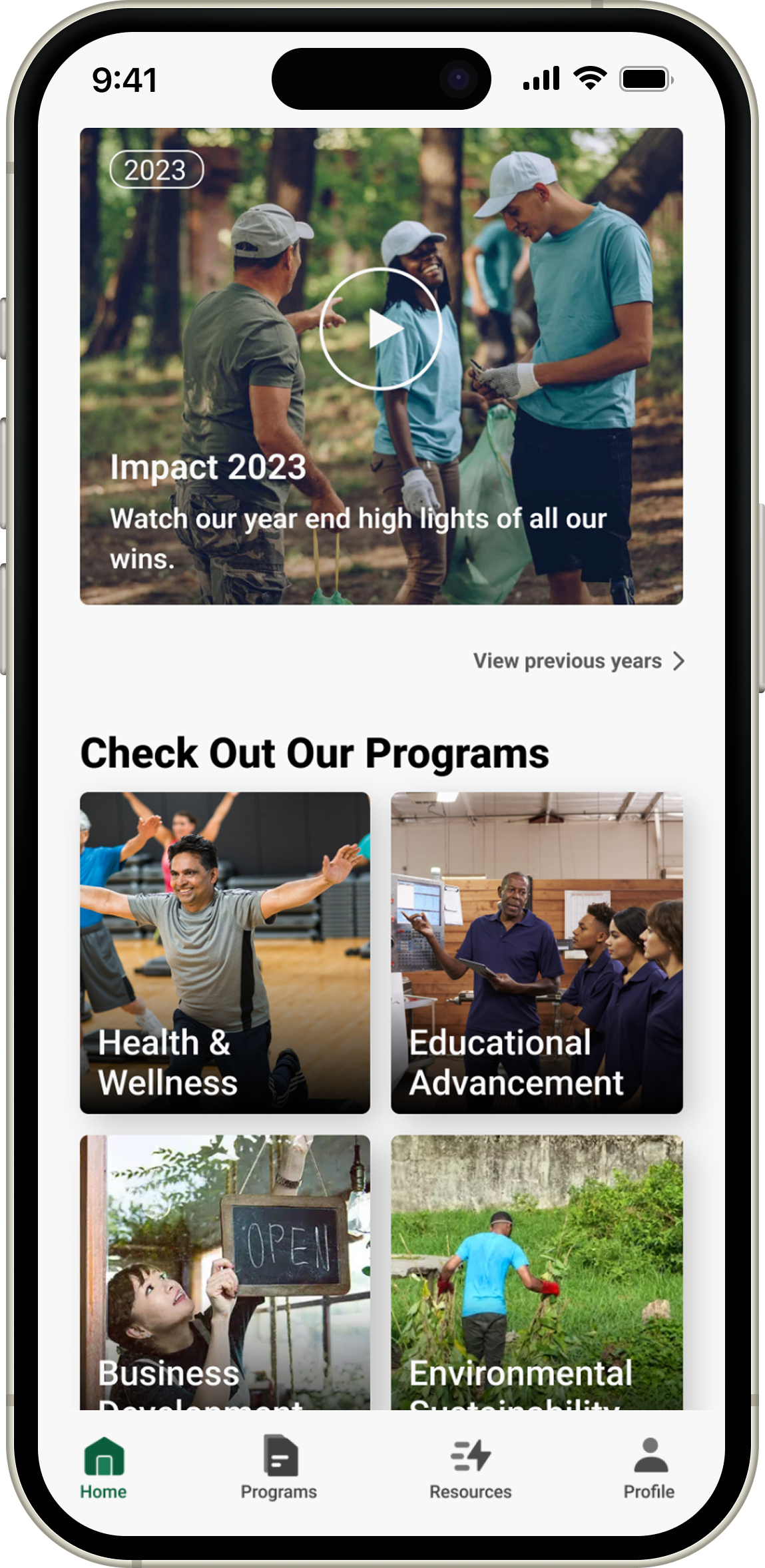 Program categories screen showing Synergy Alliance program areas such as Health and Wellness, Educational Advancement, Business Development, and Environmental Sustainability.